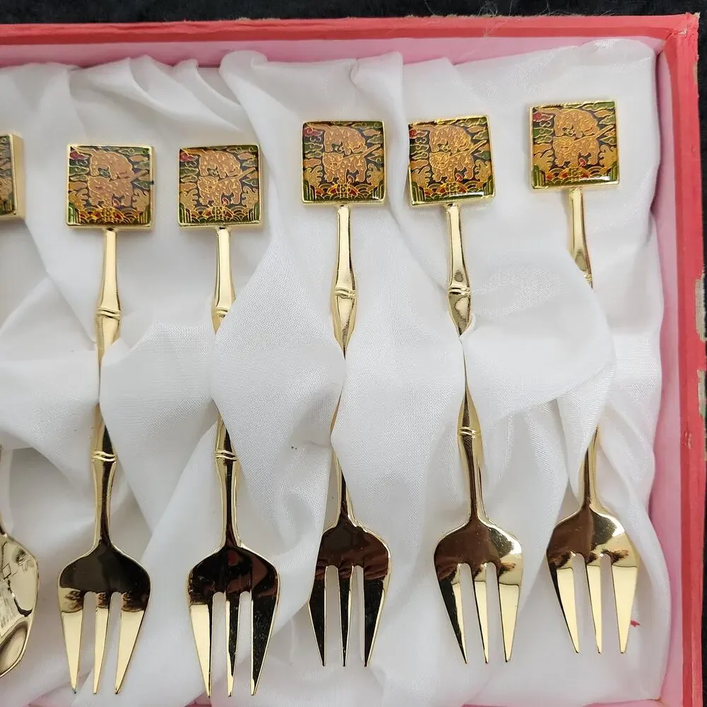 Korean 24k Gold Plated 10 Flatware Set-Folk Art Tiger Design Original Box